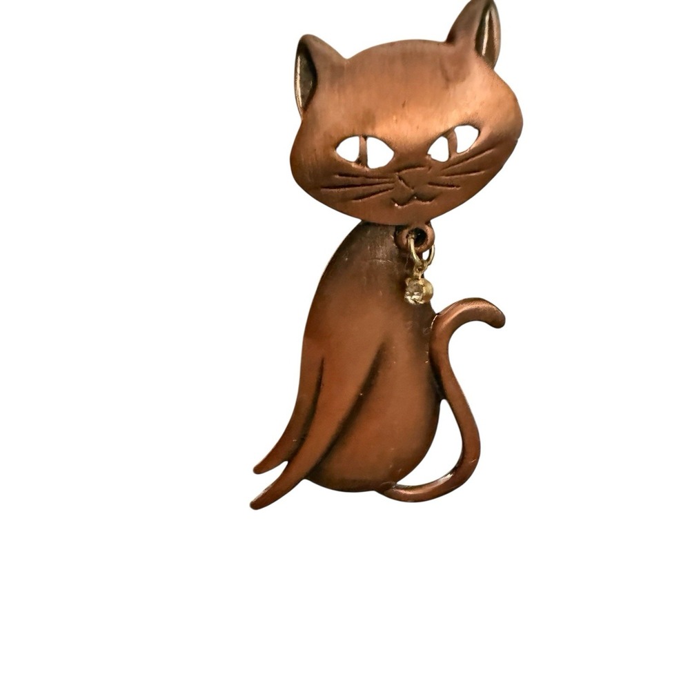 Vintage Articulated Copper Cat Brooch Mid Century Modern Rhinestone Pin 2.5”